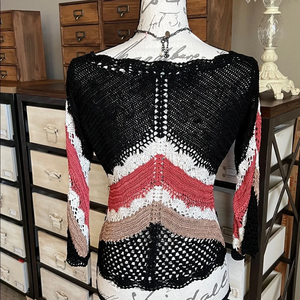 Bette Paige Black Crochet Open Knit Chevron Top